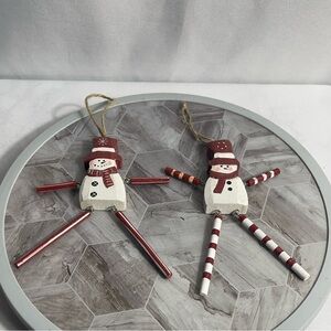 Rustic Wooden Jointed Santa & Snowman Christmas Ornaments Set of 4 Red White